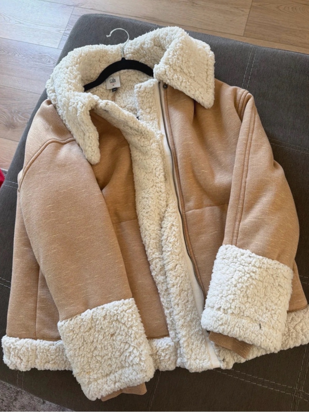 CAbi Tan Jacket with Cream Sherpa Trim